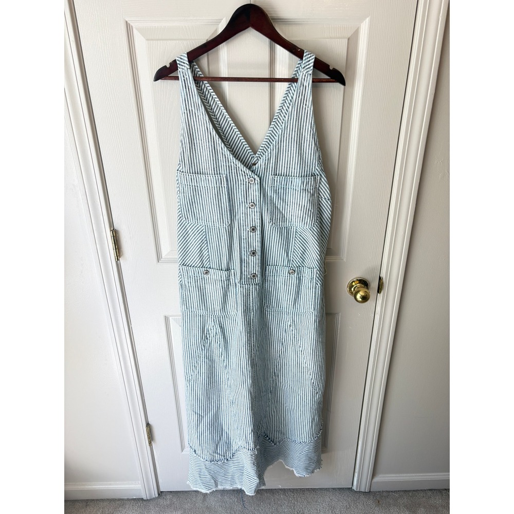 Free People Bendita Stripe Denim Midi Dress Blue White Button Front M